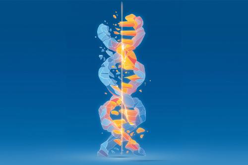 Stylized DNA strand splitting with a glowing laser, representing gene editing and regenerative medicine
