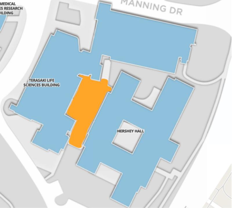 UCLA map with the courtyard area between Terasaki Life Sciences and Hershey Hall colored in orange.