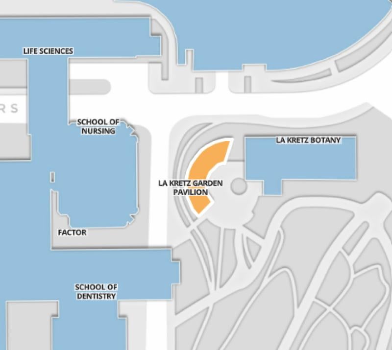 A map showing the La Kretz Garden Pavilion at UCLA.