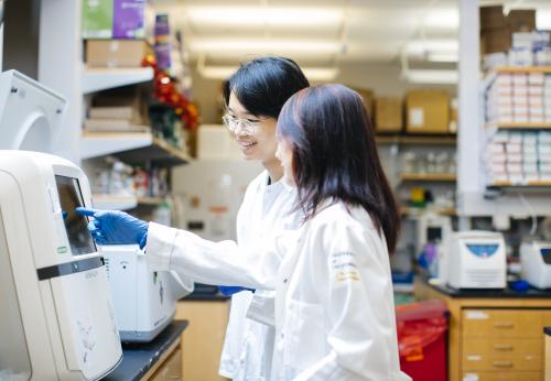 Lili Yang gestures to a machine in her lab. A student looks on.