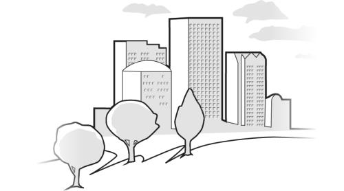 Black and white illustration of a city skyline with several tall buildings, viewed from a rolling hill with three trees in the foreground.