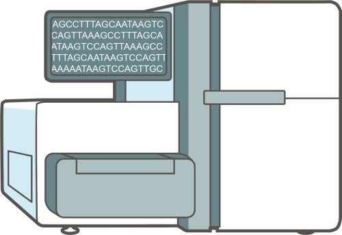 Illustration of a laboratory DNA sequencing machine with a monitor displaying rows of genetic code.