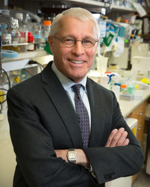 Owen Witte with gray hair and glasses wearing a dark business suit and patterned tie stands with arms crossed in a scientific laboratory. Laboratory equipment, bottles, and research materials are visible on counters in the background.