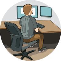 Illustration of a man with glasses sitting in an office chair at a desk, working on a computer with two monitors.