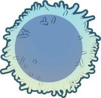 A stylized illustration of a T cell featuring a large, central dark blue nucleus and a lighter blue-green outer membrane fringed with numerous small, finger-like projections.