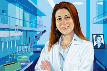 An illustration of Dr. Sanaz Memarzadeh in the lab.