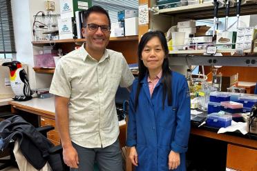 Two scientists stand at a lab bench at UCLA