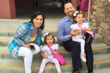 Evangelina Vaccaro (far right), who received Dr. Kohn’s treatment for bubble baby disease in 2012, with her family before her first day of school.