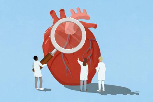An illustration of three scientists/doctors in lab coats studying a large heart.