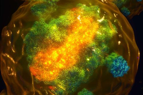 An artistic representation of the newly discovered trans-action by XIST, showing the X chromosome (yellow) and the extended and dispersed distribution of XIST (green) across the X chromosome and beyond, i.e. to autosomes, as seen with microscopy.