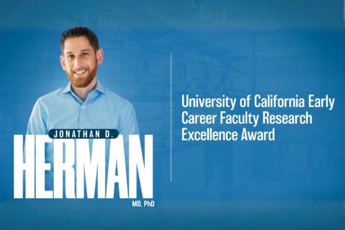 A graphic featuring UCLA physician-scientist Jonathan Herman against a deep blue background. 