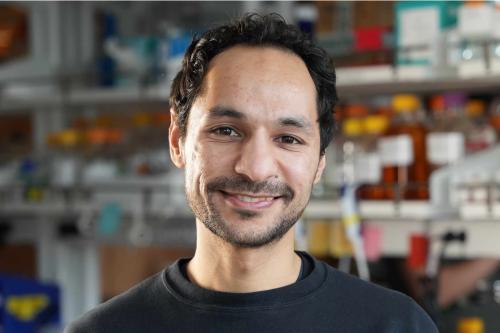 UCLA scientist Mohamad Abedi smiles in a lab. He wears a grey crewneck sweater.