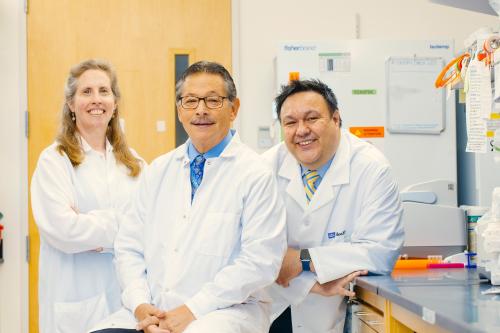 A group photo with Dr. Brigitte Gomperts, Dr. Donald Kohn and Dr. Steven Jonas in the lab