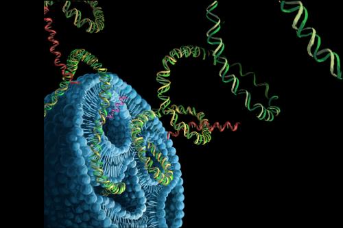 Illustration of lipid nanoparticles delivering CRISPR gene-editing components and a full-length CFTR gene into human airway cells for cystic fibrosis treatment