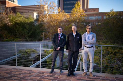 From left to right: Dr. Noah Federman, Dr. Robert Damoiseaux and Dr. David Ulmert stand outside on the UCLA campus.