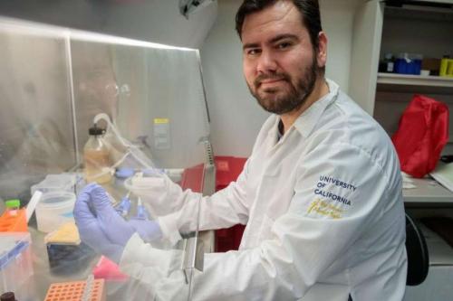 Gustavo Garcia Jr. sits with gloved hands beneath a UCLA lab hood.
