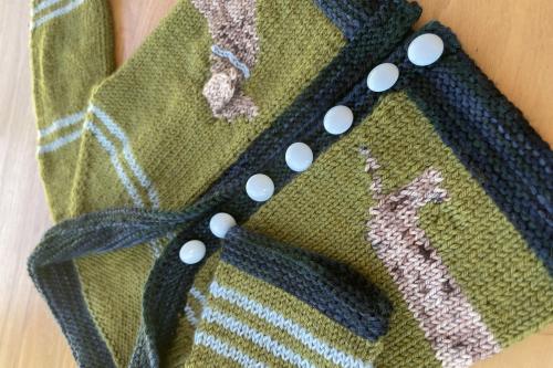 knit sweater in green and grey, with dog