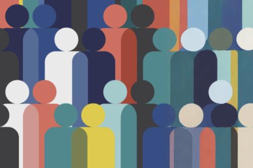A simple graphic featuring varied colors of abstract "people" icons.