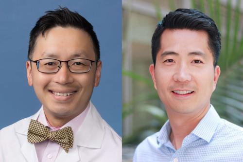 Two side by side images of Drs. Jason Chiang and Dr. Kyung Sung. They both smile directly into the camera. Dr. Chiang wears a pink dress shirt, lab coat and yellow plaid bowtie. Dr. Sung wears a blue plaid dress shirt. 