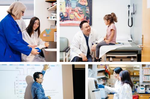 a collage of four photos depicting teaching, training and patient care