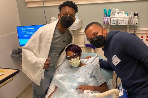 A photo of the Smith family in the hospital. Jaren Smith, left, received a life-saving kidney from his mother, Shryra, center. Jaren's dad, Howard, right, accompanied them on the journey.