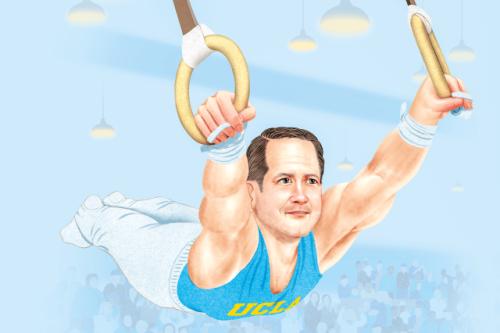 An illustration of Robert Prins on gymnastic still rings.