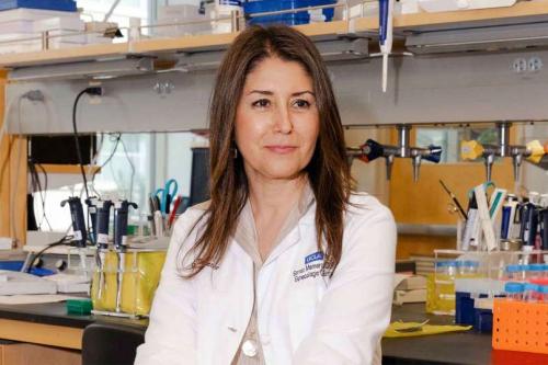Dr. Sanaz Memarzadeh in white lab coat standing in research laboratory with equipment and supplies visible in background.