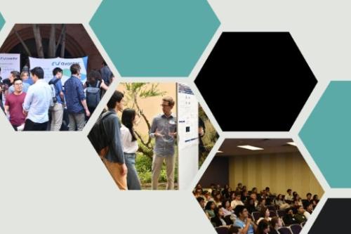 Several hexagons form an abstract flyer - some are solid blue and black, while others contain photographs of participants at a science event talking, looking at posters, and listening to a presentation.