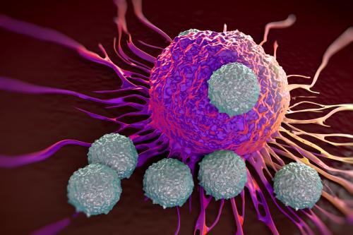 An illustration of T cells attacking cancer cells.