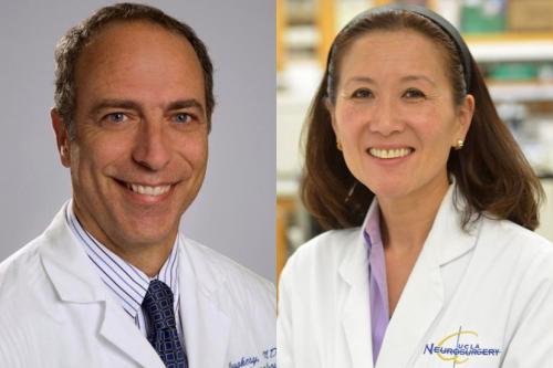 Professional headshots of Dr. Timothy Cloughesy and Dr. Linda Liau, both wearing white medical coats and smiling at the camera.