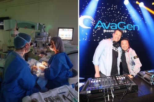 Two-panel image showing an eye surgery team using an operating microscope in a clinical setting on the left, and two DJs smiling behind a mixing console under blue and orange stage lights at an AvaGen booth on the right.