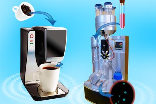 A graphic image of a coffee machine next to a laboratory machine, meant to illustrate the way both are able to maintain temperature of the substances therein. 