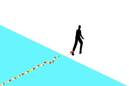 A graphic illustration of a transplant recipient being tethered to immunosuppressive drugs.