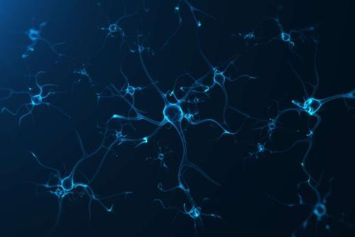 Digitally recreated brain cells are featured in light blue against a dark blue backdrop. 