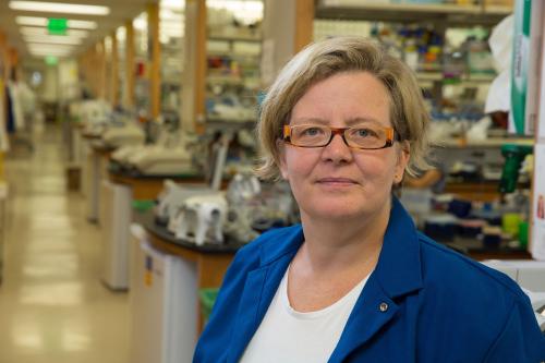 Kathrin Plath stands in a UCLA lab and smiles at the camera.