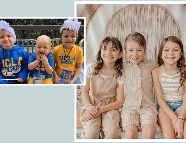Two side-by-side images of the Langenhop siblings - the left image features all three kids sitting next to one another wearing UCLA gear; the right image shows those same children now grown by six years.