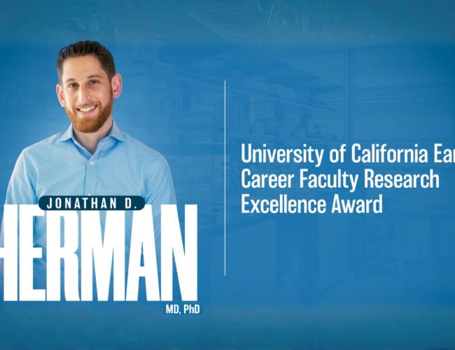 A graphic featuring UCLA physician-scientist Jonathan Herman against a deep blue background. 