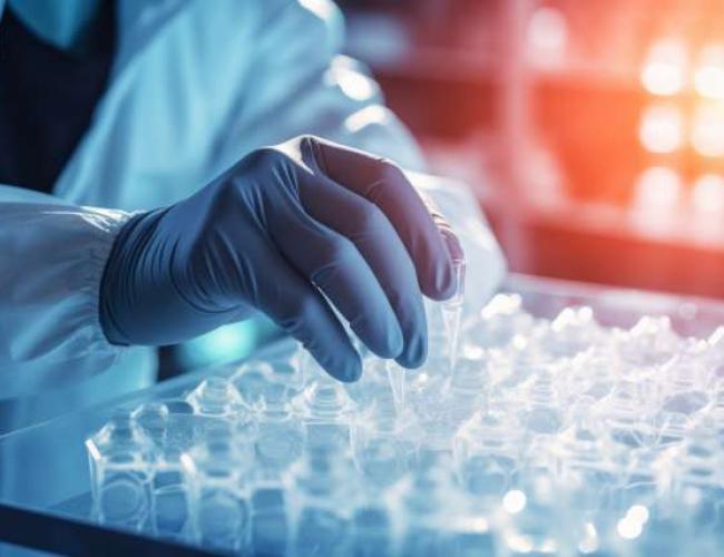 A stock image featuring a gloved hand in a lab.