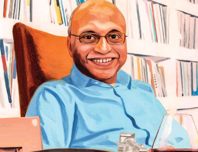 A painting of Arjun Deb sitting before books. 