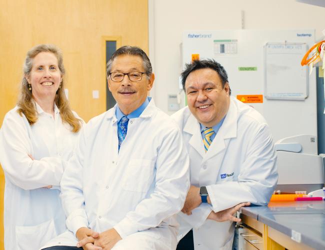 A group photo with Dr. Brigitte Gomperts, Dr. Donald Kohn and Dr. Steven Jonas in the lab