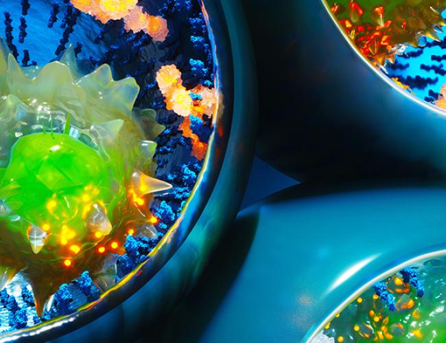 An image of T cells shown interacting with synthetic receptors on UCLA-developed nanovials, inducing secretion of molecules