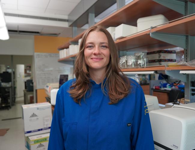 UCLA scientist Tara TeSlaa smiles in her lab.