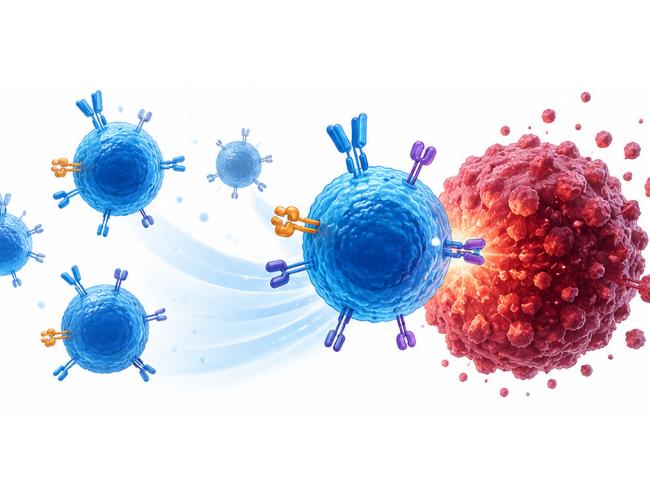 Illustration of multiple blue T cells converging on a large red, textured tumor cell