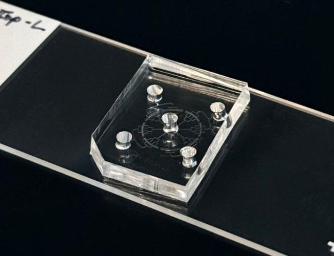 A microfluidic device is placed on a cell slide, which is against a black background