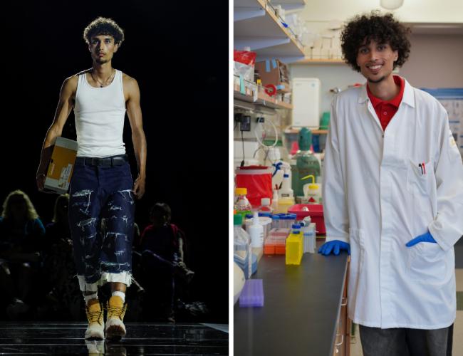 A side-by-side portrait of a young man with curly hair. On the left, he walks a fashion runway wearing a white tank top, distressed dark jeans, and Timberland boots, carrying a shoebox. On the right, he smiles in a research laboratory, wearing a white lab coat over a red polo shirt and blue latex gloves.