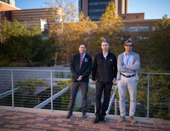 From left to right: Dr. Noah Federman, Dr. Robert Damoiseaux and Dr. David Ulmert stand outside on the UCLA campus.