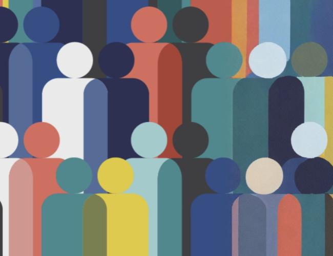 A simple graphic featuring varied colors of abstract "people" icons.