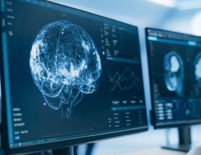 A computer screen displaying a brain scan.