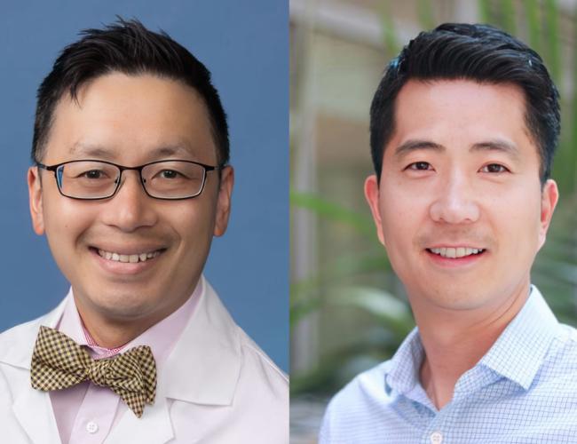 Two side by side images of Drs. Jason Chiang and Dr. Kyung Sung. They both smile directly into the camera. Dr. Chiang wears a pink dress shirt, lab coat and yellow plaid bowtie. Dr. Sung wears a blue plaid dress shirt. 