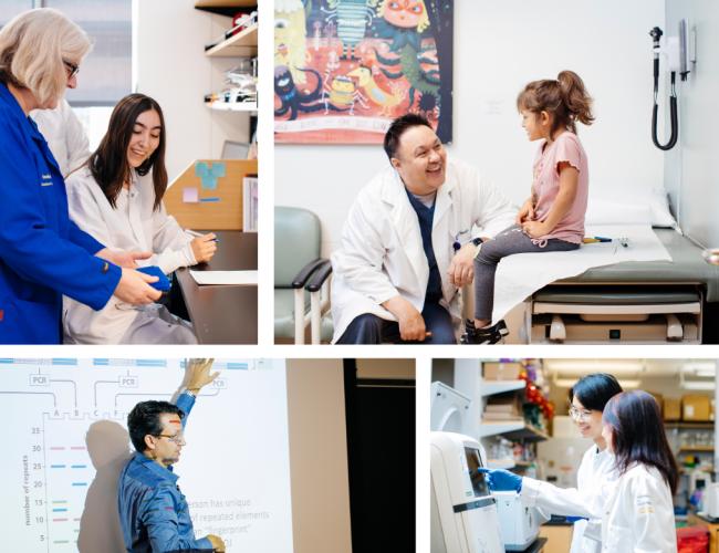 a collage of four photos depicting teaching, training and patient care